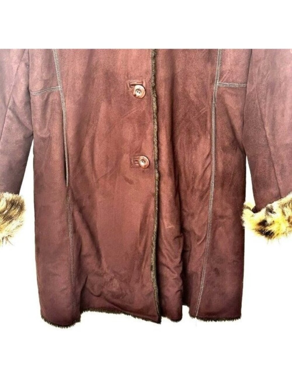 Vintage Novelti Mobwife Coat Womens S Brown Y2K Faux Suede Leopard Fur Trim - Picture 5 of 14
